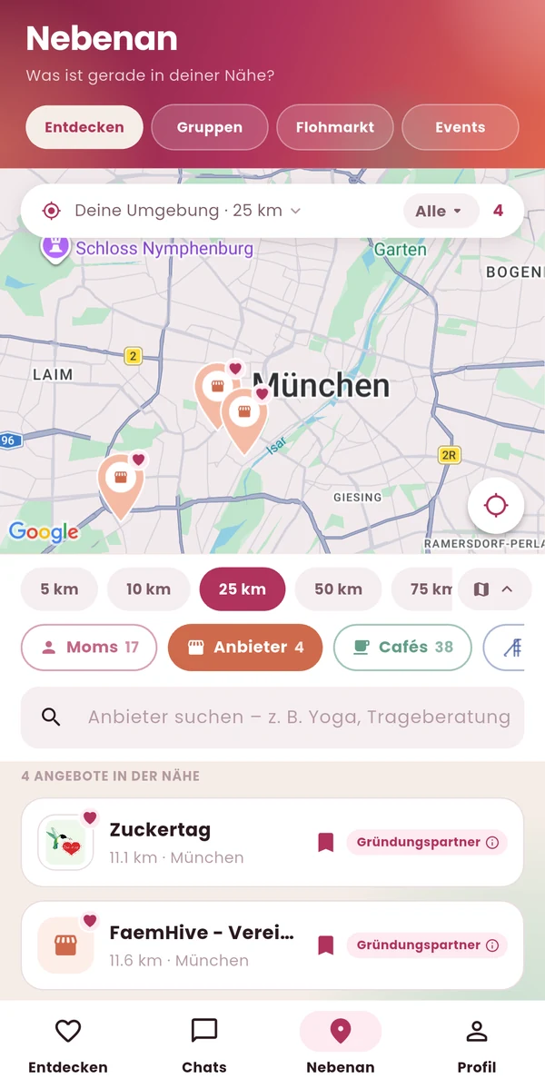 Die Karte in der App unter Nebenan: Gründungspartner wie Zuckertag und FaemHive mit dem Herz am Pin, darunter die Anbieterliste